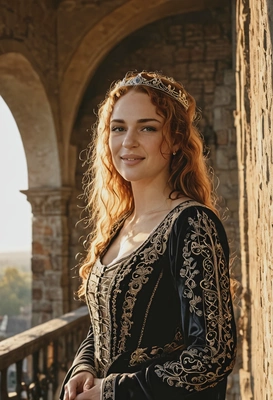 dark fantasy aesthetic, closeup photo of medieval princess, wearing velvet luxury medieval outer garment, standing on the balcony of the castle, blurry background, golden hour sun rays