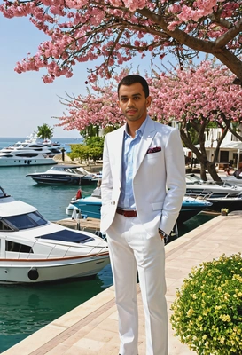 standing in a coastal town, with luxury yachts and blooming trees around