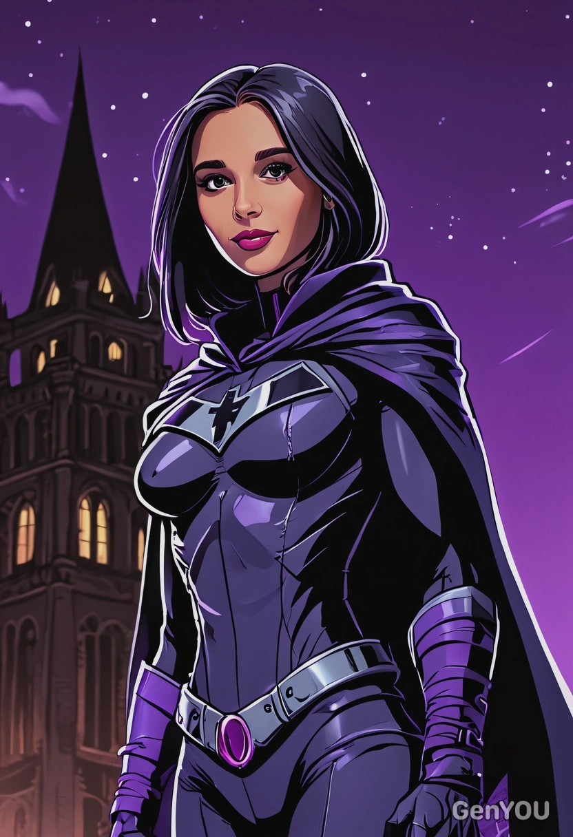 Hand-drawn flat cartoon style, Raven from Teen Titans,  mystical purple glow lighting, waist-up portrait, Titans Tower background