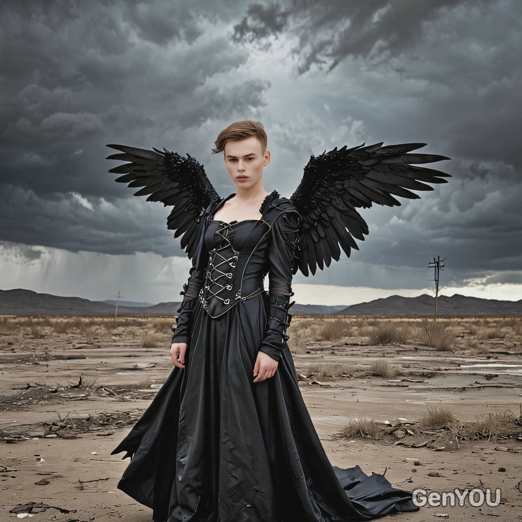 Dressed as a fallen angel, in dark tattered wings and a black gown, pose dramatically in a desolate wasteland with stormy skies