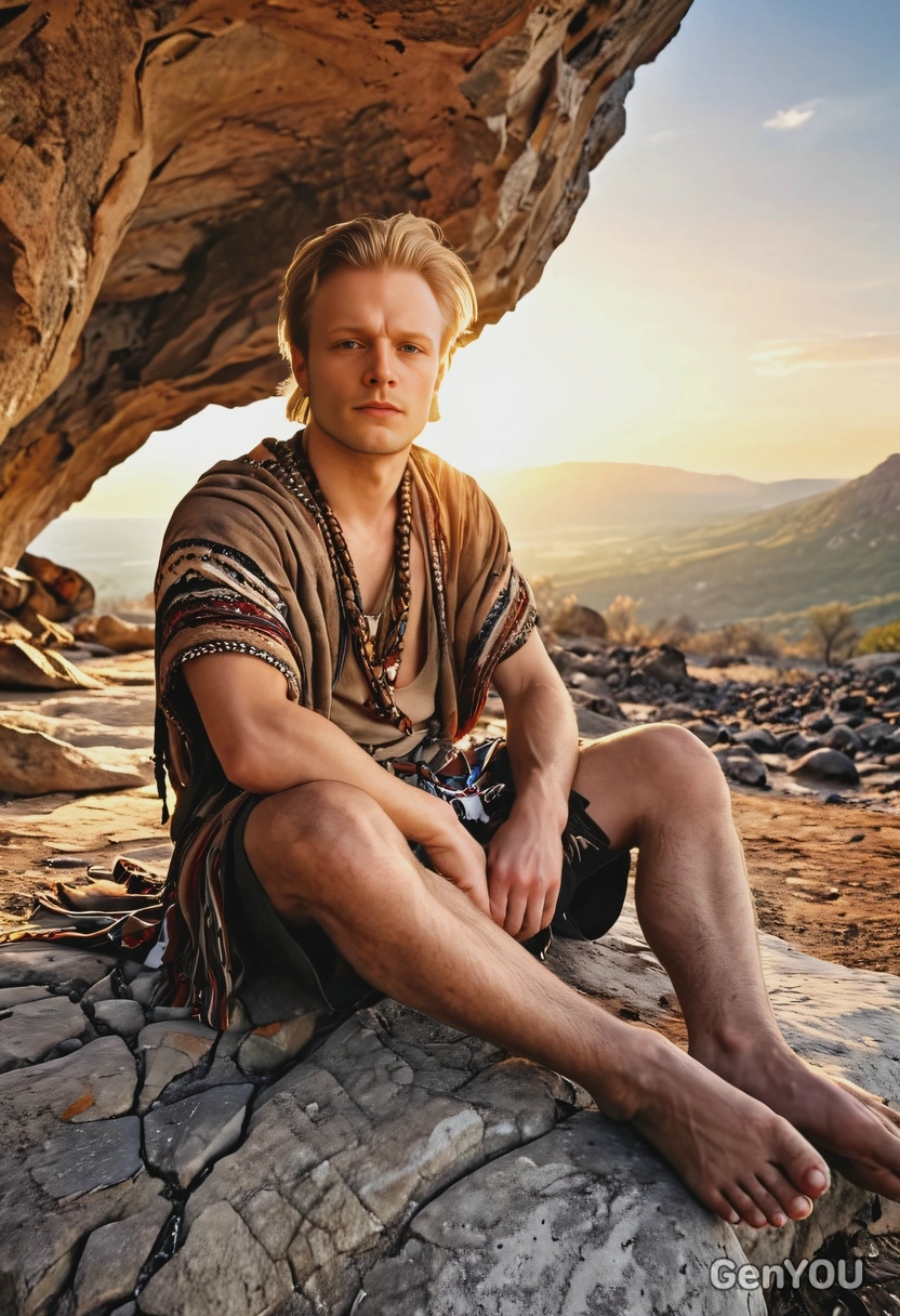 Stone Age human, wearing ancient tribal clothes, bare feet, sits on the stone next to the fire, blurry cave in the background, bright sunset rays