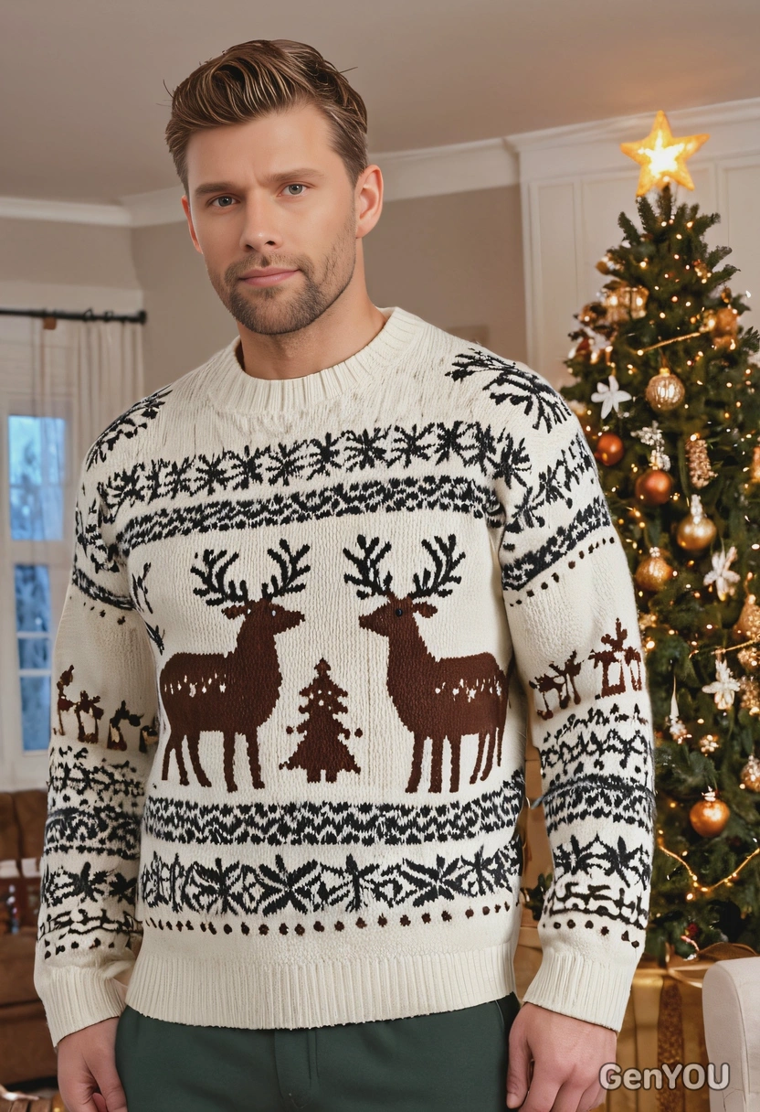 wearing a cozy knit sweater with reindeer patterns, standing next to a glowing Christmas tree with presents underneath in a living room, close up photo