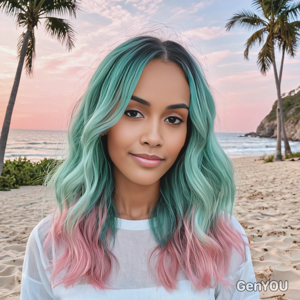 soft, wavy hair dyed in pastel teal and pale pink balayage, styled with middle-parted bangs, set in a serene beach background