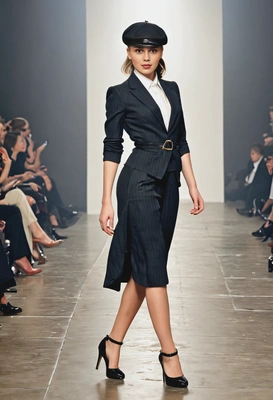 as a fashion model doing a catwalk on a runway, dressed as the Peaky Blinders character, high heels, dynamic pose