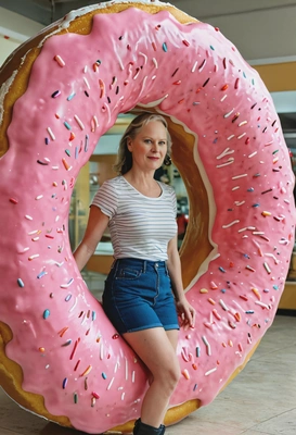 standing inside a giant donut, blurred background, cinematographic style