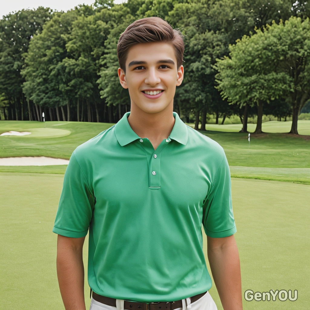 in casual summer attire on a lush green golf course, mid-shot photo 