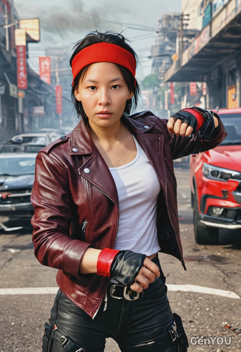 as a street brawler, fingerless gloves, leather jacket, red headband, blurry burning car behind, looking directly at you, vivid colors, symmetrical clothing details, video game style, high-quality stylized art