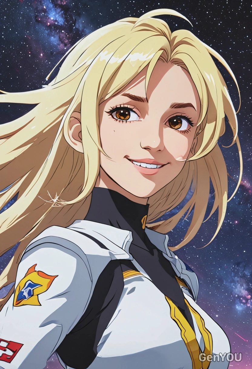 2D anime style, high-energy motion blur, In Gurren Lagann anime as Nia Teppelin, serene smile, oversized anime eyes, wavy blonde hair, floating in a glowing cosmic sky with galaxies swirling, mid-shot frame