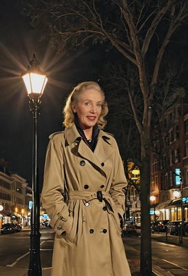 a woman standing under a vintage streetlamp at night, wearing a trench coat, creating a shimmering glow around her