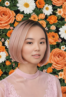 chin-length bob dyed in pastel rose gold with soft orange undertones, styled with blunt ends, set against a vibrant floral background