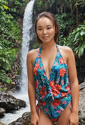 in a floral swimsuit and cover-up near a stunning waterfall during a jungle excursion, close up shot 
