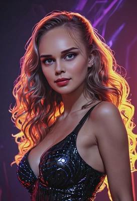 seductive sexy pose with a flirty look, half-body view, wearing a stunning fitted dress, long wavy hair, in a neon rave club, warm glow, high-quality photo, eyes on you, vaporware core aesthetics, AI style, sharp face texture
