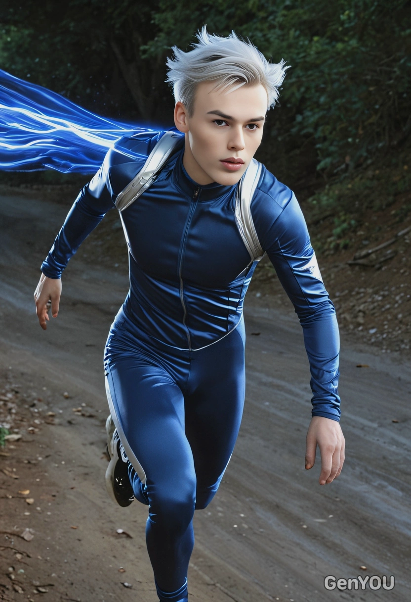Quicksilver, running at super-speed, leaving a trail of blue light