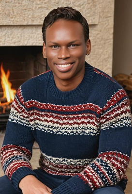 smiling, in a knitted sweater, sitting by a fireplace 