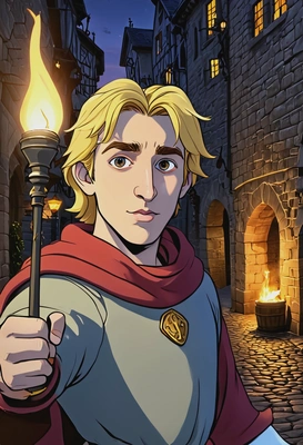 Hand-drawn flat cartoon style, Phoebus from The Hunchback of Notre Dame, oversized cartoon eyes, torch glow lighting, waist-up portrait, cobblestone street background