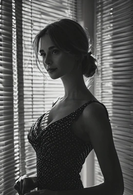 silhouette of a slender woman in fitted dress, venetian blind effect, soft sensual vibe, mysterious mood, bokeh effect, high contrast tones, soft shadows, as if generated by AI