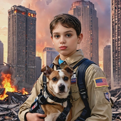 as a futuristic scout boy, in tattered uniform, burning ruined skyscrapers, USA, holding a dog, looking directly at camera, vivid colors, late evening, high-quality cinematographic style