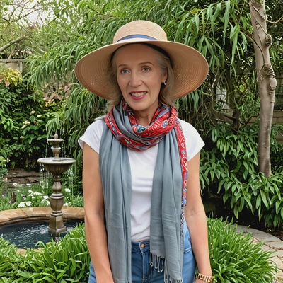 standing by a garden fountain, wearing a wide-brimmed hat and silk scarf