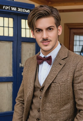 as the Eleventh Doctor in his tweed jacket and bow tie, inside the TARDIS