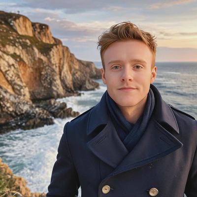 wearing a navy pea coat, on a windy coastal cliff, blurred background, soft focus, looking at viewer, cinematic look, sunset lighting, sharp skin texture
