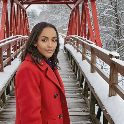 in a red coat, on a snow-covered bridge, mid-shot, looking at viewer 