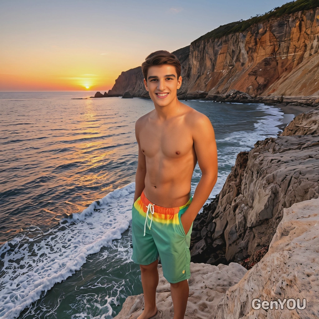 in beach attire posing at sunset from a cliff, the sky ablaze with colors, mid-shot photo
