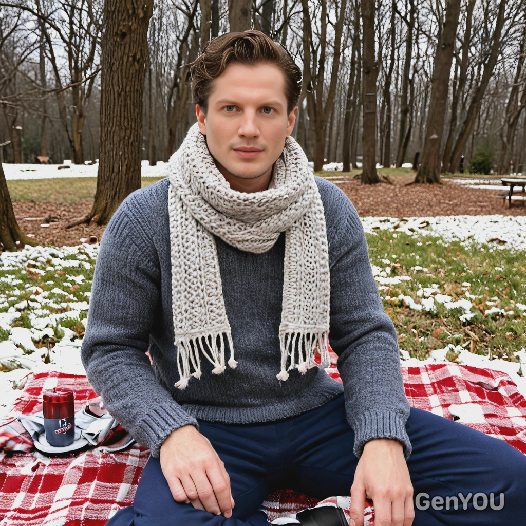 in a wool sweater and scarf, sitting on a picnic blanket in the snow