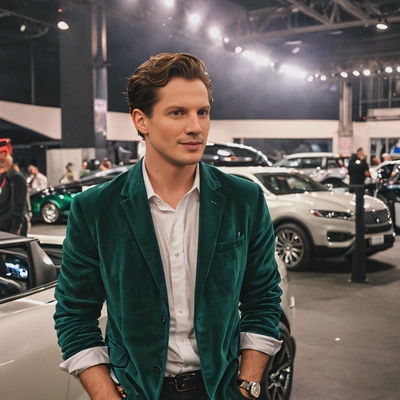 a modern car enthusiast enjoying a quiet moment alone at luxury auto club party