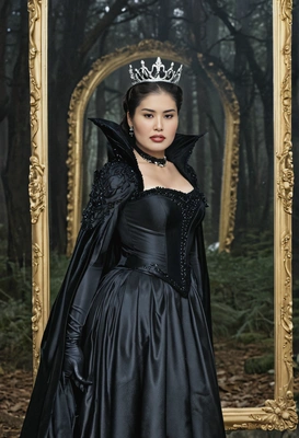 As the Evil Queen from Snow White, wearing a black gown, standing in front of a mirror with a dark forest behind