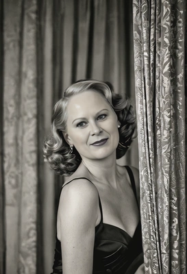 in 1940s Hollywood glamour style, curtains on the background, with a black and white filter, blurred background