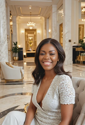 sitting  on an armchair in a luxury apartment lobby with marble floors and gold accents, cinematographic style, blurry background, professional filming, smiling 