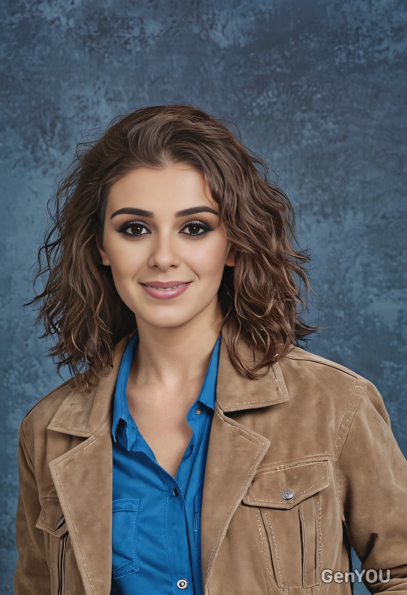 student with tousled hair, in a suede jacket, with a calm, cool presence, blue yearbook background