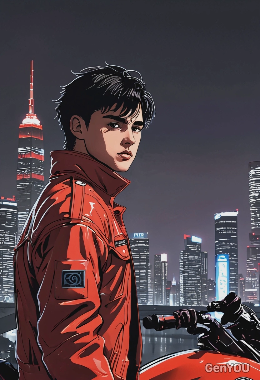 2D anime style, classic Akira aesthetics, bold ink outlines, In Akira anime as Kaneda, intense gaze, oversized anime eyes, slightly ruffled dark hair, red jacket billowing in the wind, standing in front of his sleek red motorcycle, futuristic city skyline glowing behind, waist-up frame