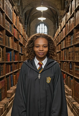 as Hermione Granger, her hair bushy and intelligent eyes focused, in the vast library of Hogwarts, surrounded by towering shelves of ancient books, in Hogwarts robes 