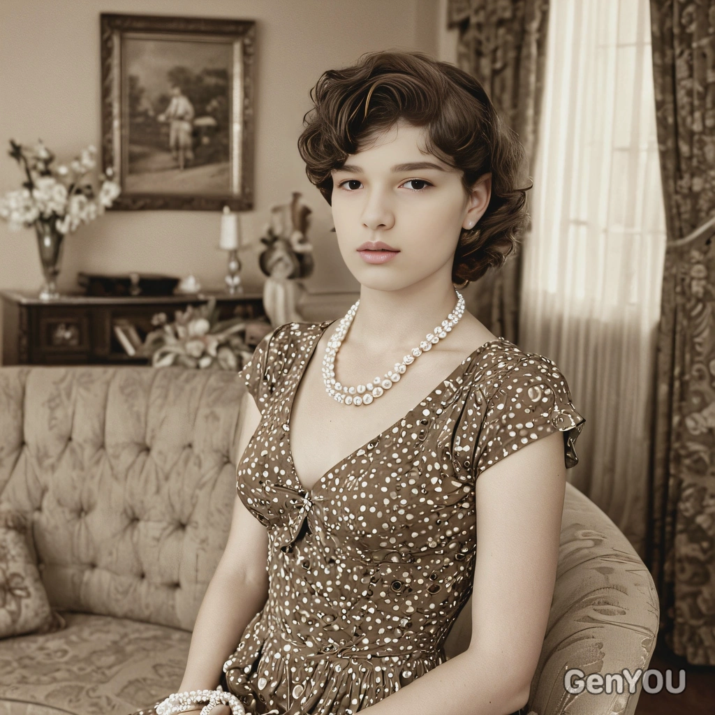 posing in a 1940s living room, wearing a vintage dress and pearls, with a sepia effect enhancing the warm