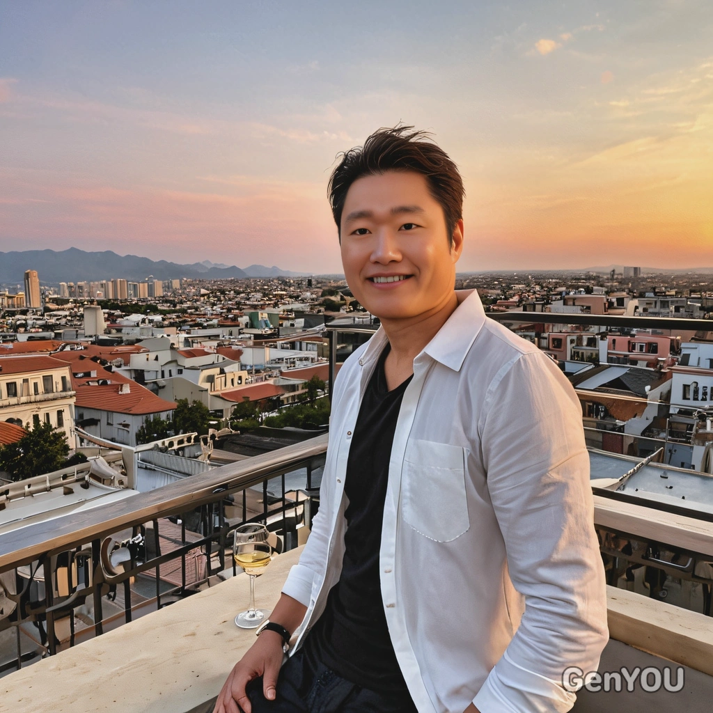A solo traveler enjoying a sunset view from a luxury rooftop party