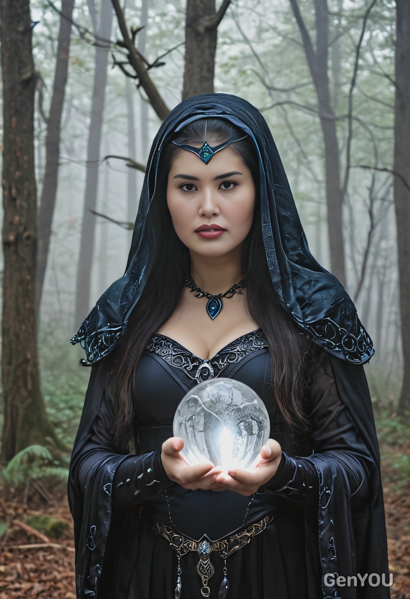 dressed as a dark sorceress, holding a glowing crystal ball in a misty forest