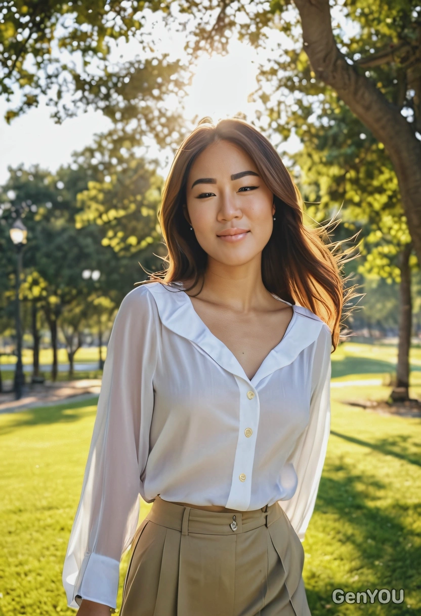 cinematic look, sun-kissed cheeks, freckles on the cheeks, sharp face skin texture, wearing a silky blouse and high-waist wide-leg pants, in the park, romantic posing, morning bright sun rays, blurry vibrant urban park background