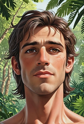 Hand-drawn flat cartoon style, Tarzan, oversized cartoon eyes, jungle daylight lighting, waist-up portrait, tree canopy background