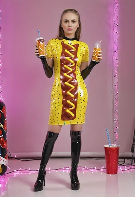 wearing a latex hot dog costume, full body image, at funky party room with twinkling lights and drinks