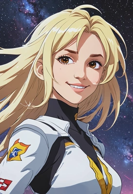 2D anime style, high-energy motion blur, In Gurren Lagann anime as Nia Teppelin, serene smile, oversized anime eyes, wavy blonde hair, floating in a glowing cosmic sky with galaxies swirling, mid-shot frame