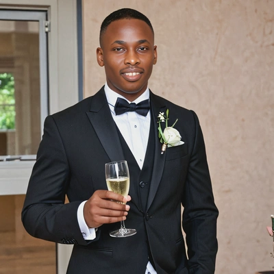 as the groom in a contemporary suit with a slim tie, holding a glass of champagne and enjoying the reception