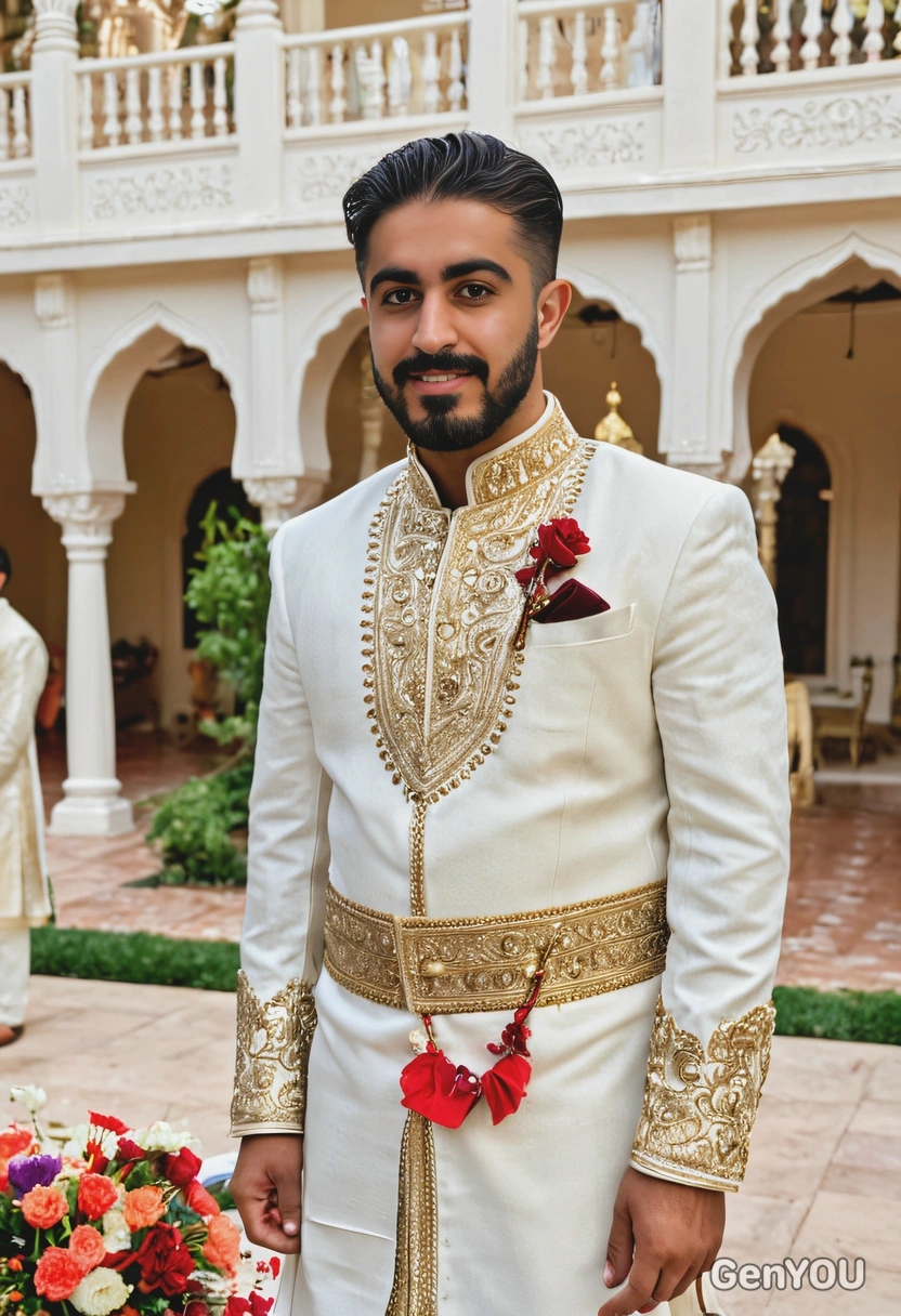 as an Indian groom in a white suit with gold accents, standing at the altar in an elegant Mediterranean courtyard wedding