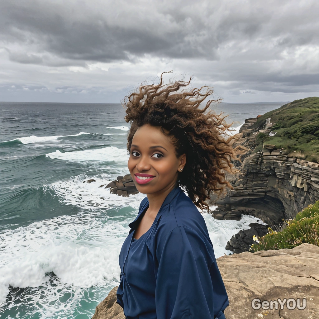 standing on a cliff overlooking the ocean, with the wind in their hair and waves crashing below