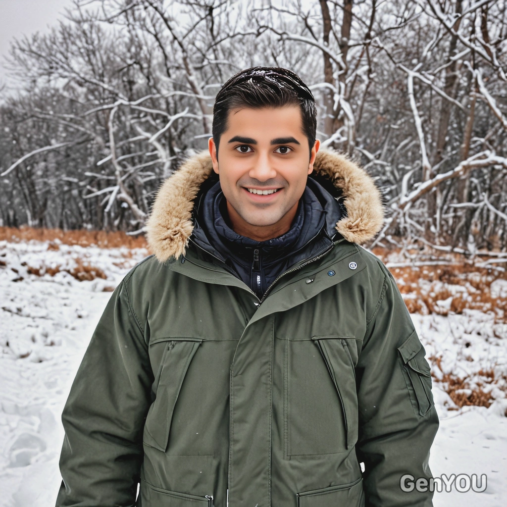in a parka, standing in a snowy landscape