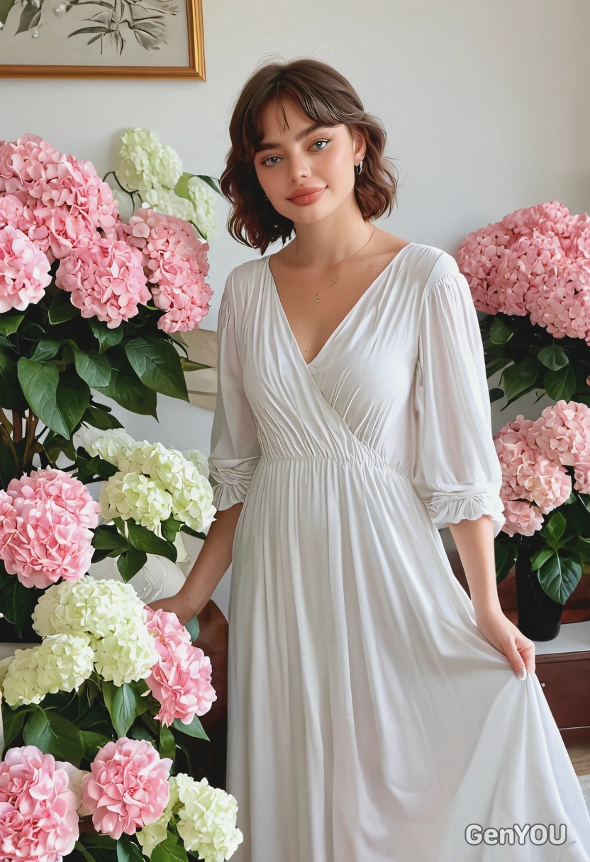 woman in a flowy white dress, surrounded by pink roses and white hydrangeas in her livingroom