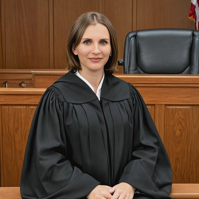 as a judge in a traditional black robe, sitting in a courtroom, half body