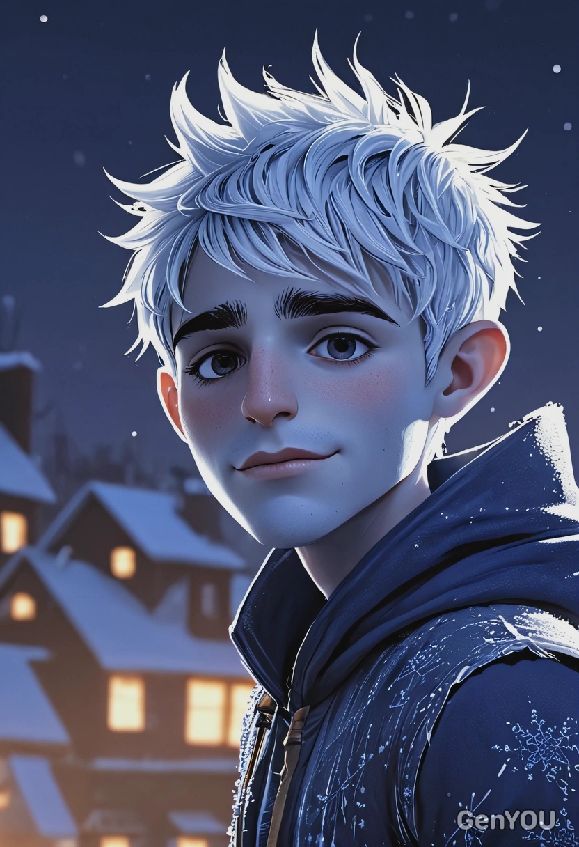 Hand-drawn flat cartoon style, Jack Frost from Rise of the Guardians, crisp lines, cool moonlight lighting, waist-up portrait, snowy rooftop background