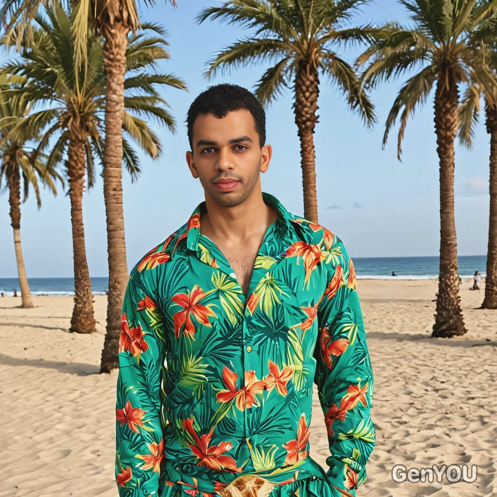 wearing a tropical-themed outfit, standing at a beach party with palm trees in the background