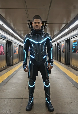standing at the entrance of a glowing subway station, in futuristic outfit
